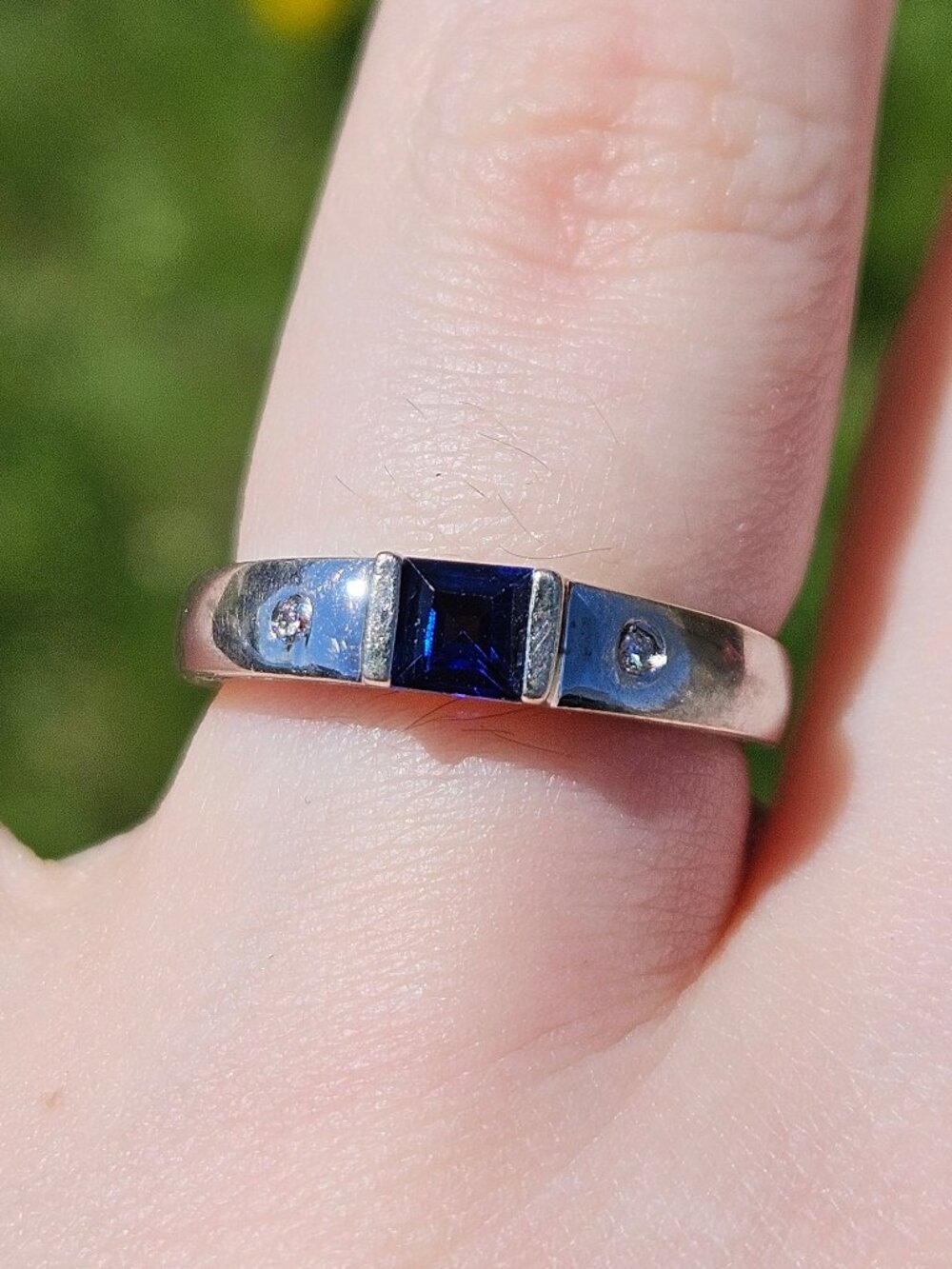 10K White Gold Emerald Cut Lab Created Sapphire & Diamond Ring Band Size 7